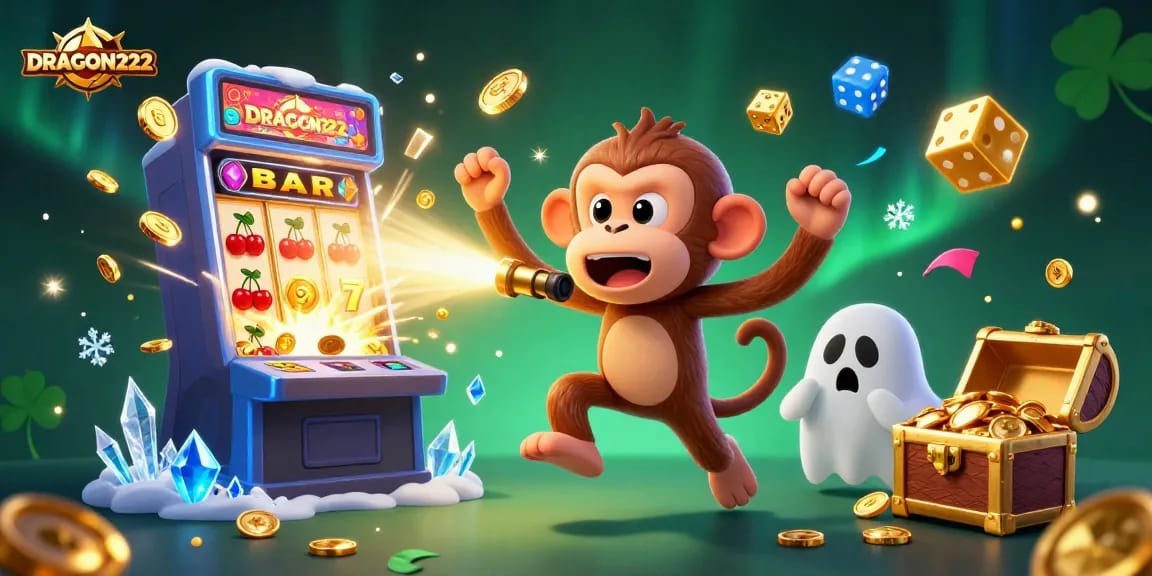 Engage with DRAGON222's dynamic gaming scene featuring a playful monkey and curious puppy in an enchanting casino.