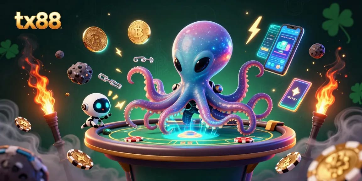 Engage with tx88 featuring a space-themed poker scene with an alien octopus and cryptocurrency elements.