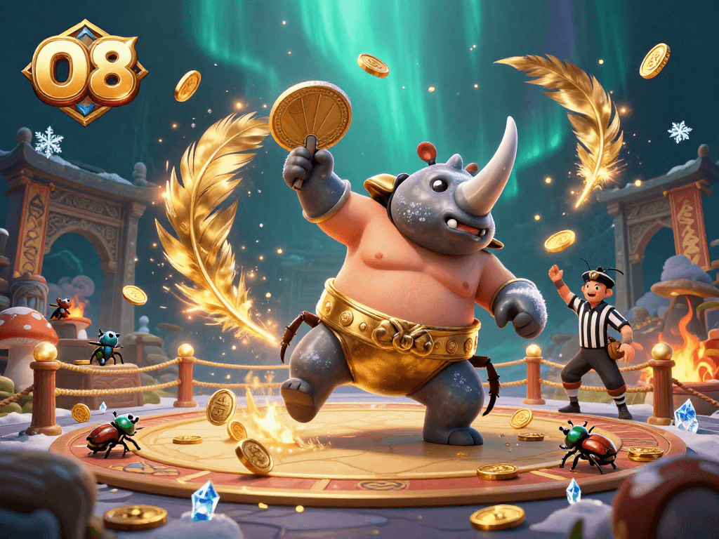 O8 engages in a thrilling showdown as a sumo champion sends gold coins flying in a vibrant arena.