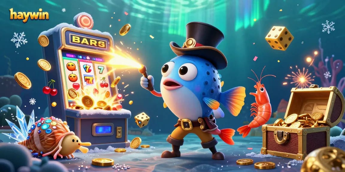 Experience the excitement of haywin with an anglerfish and treasure-filled sea creatures amidst sparkling casino elements.