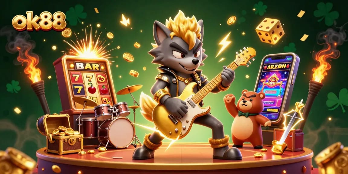Experience the thrill of ok88 as a wolf rock star performs amidst exploding jackpots and vibrant casino action.