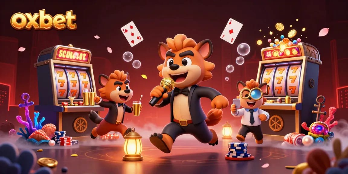 Experience thrilling gaming at oxbet with a lively casino scene featuring hyenas and slot machines.