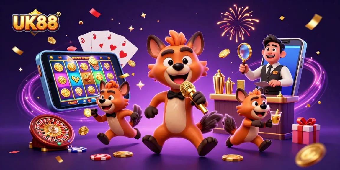 Experience exciting gameplay with UK88 at a vibrant comedy casino featuring animated hyenas.