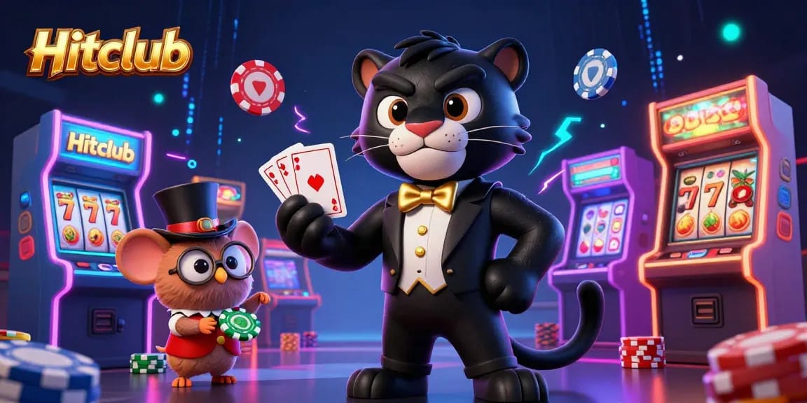 Hitclub casino scene featuring a stylish panther, an owl with poker chips, and a lucky mouse amidst vibrant slot game elements.