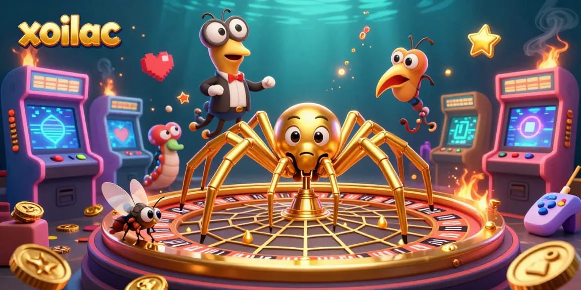 Experience the thrill of gambling with xoilac, a colorful 3D casino illustration of a spider croupier and dynamic gaming elements.