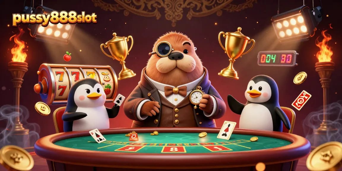 Experience the excitement of pussy888slot with a vibrant 3D illustration of a walrus, penguin dealer, and pufferfish at a casino table.