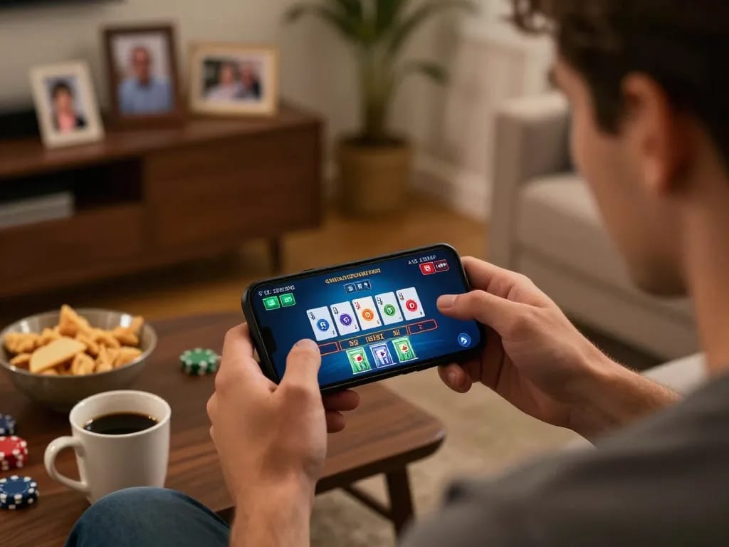 Player strategically engaging in online blackjack at home using a smartphone, showcasing 77WIN game interface.