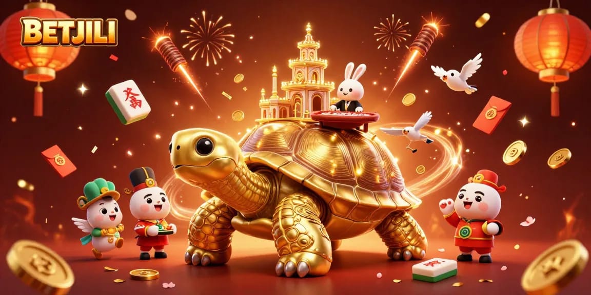 Experience the exciting world of BETJILI with the golden tortoise casino and rabbit dealer in a vibrant 3D scene.