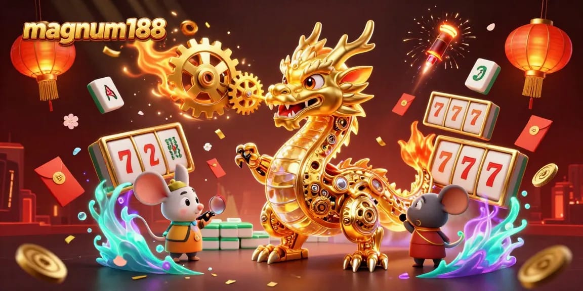 Experience the excitement of magnum188 with a vibrant 3D illustration showcasing a biomechanical dragon amidst casino elements.