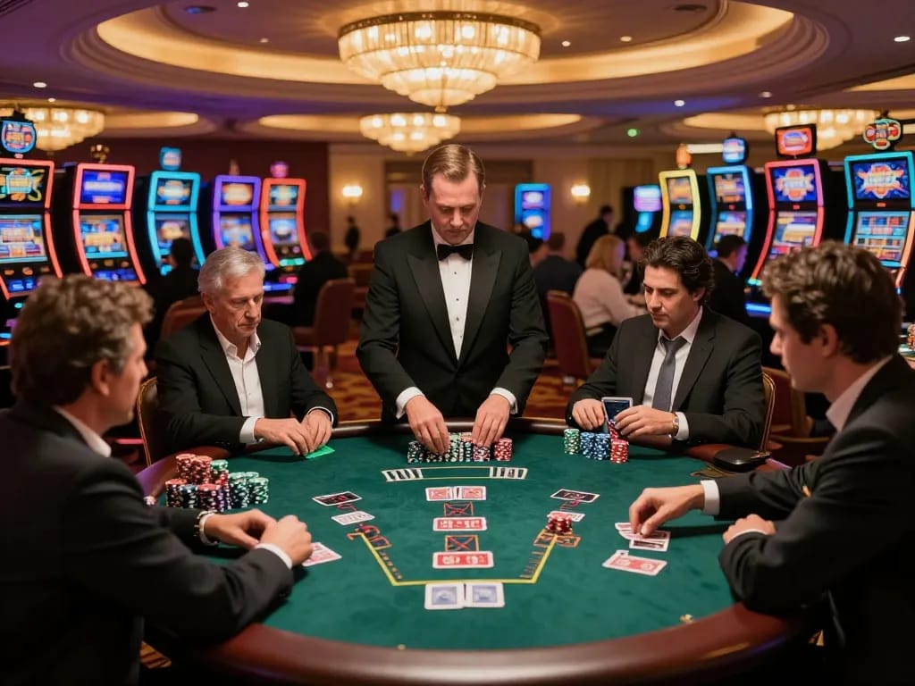 Players at c168's blackjack table strategizing their bets amidst a bustling casino.