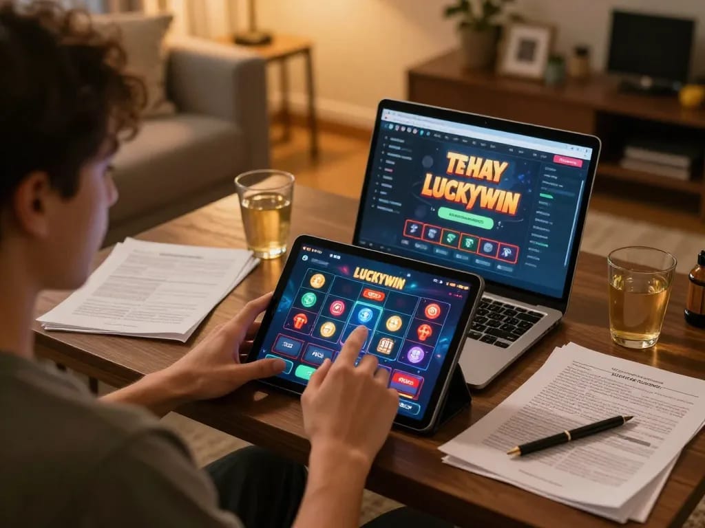 Engaged player using the Luckywin app on a tablet during a cozy online gaming session.