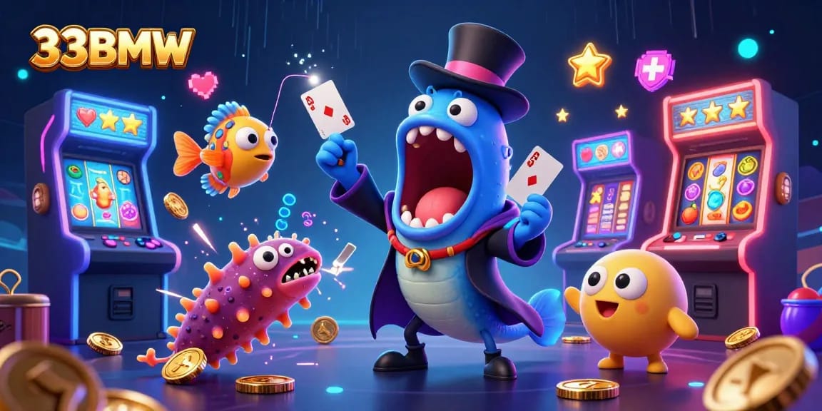 33BMW showcases vibrant casino games through a whimsical underwater illustration featuring lively characters.