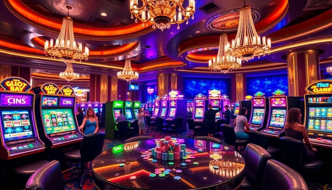 Players winning on vibrant slot777 machines in a luxurious casino setting.