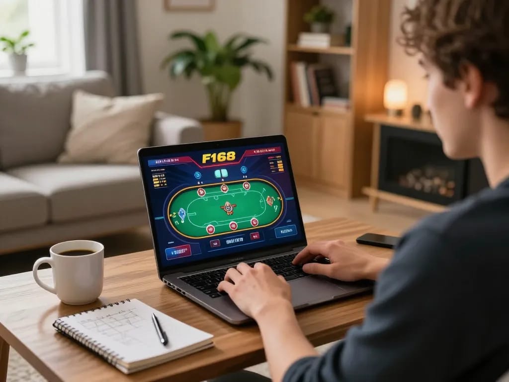 Engaging in online poker game on F168 platform from a cozy home setting with strategy notes.