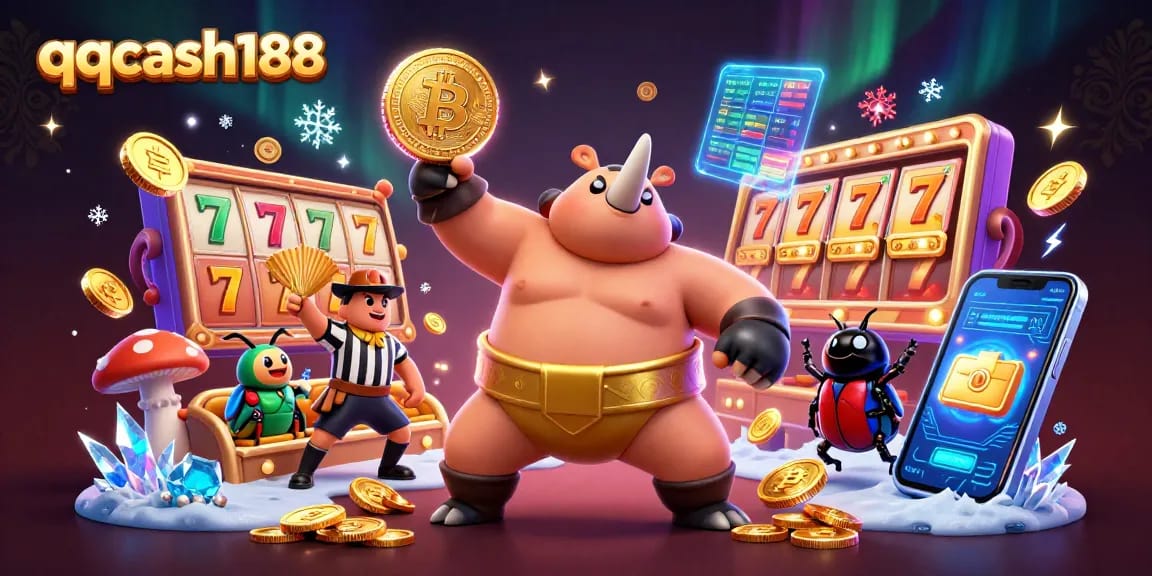 Experience thrilling gameplay with qqcash188 as a cartoon beetle sumo champion stomps golden coins on a vibrant casino scene.