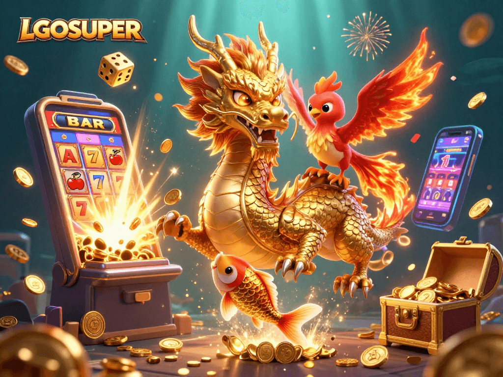 Play thrilling games at LGOSUPER featuring a vibrant scene of dragon, phoenix, and koi fish.