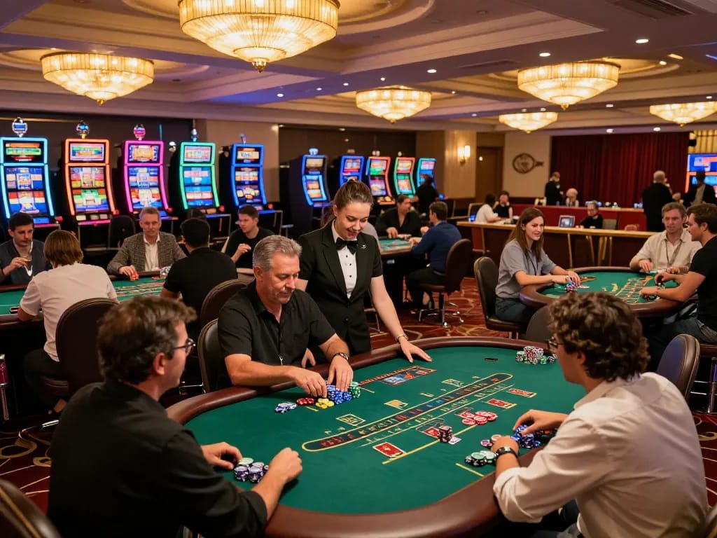 Engaging moment at 789WIN casino where players are enjoying blackjack and poker amidst vibrant lights and luxury decor.