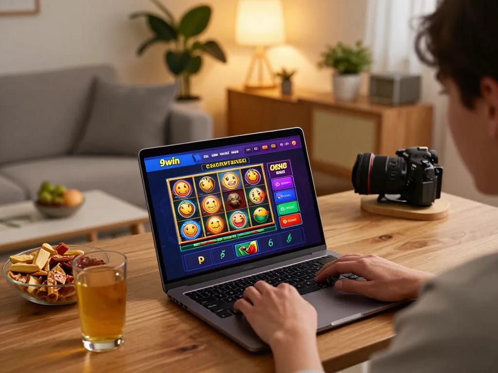 Player enjoying online casino games at 98win on a laptop in a cozy living room.