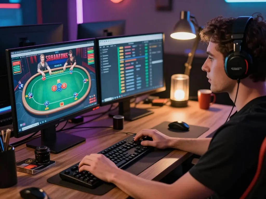 Wala88 player strategizing with multiple screens showing live casino games and betting apps.
