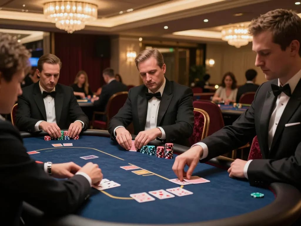 Intense poker game at TR88it VIP area with players and dealer captured under soft ambient lighting.