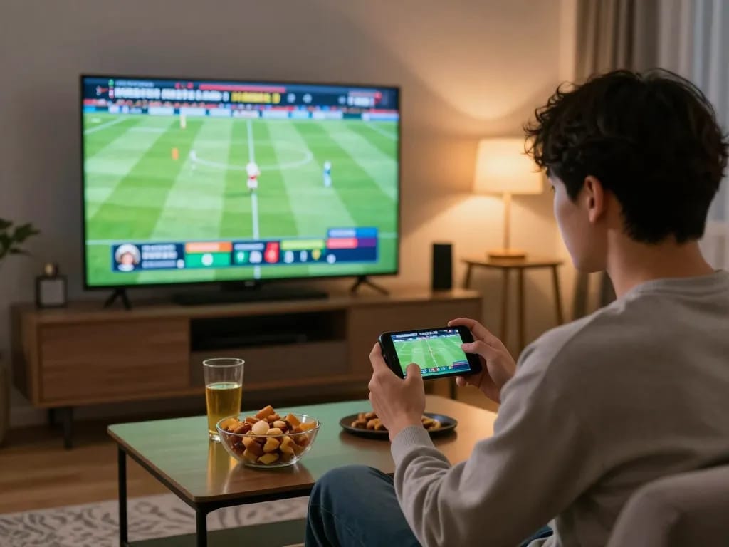 Fun88 live sports betting experience on a smartphone in a cozy living room setting.