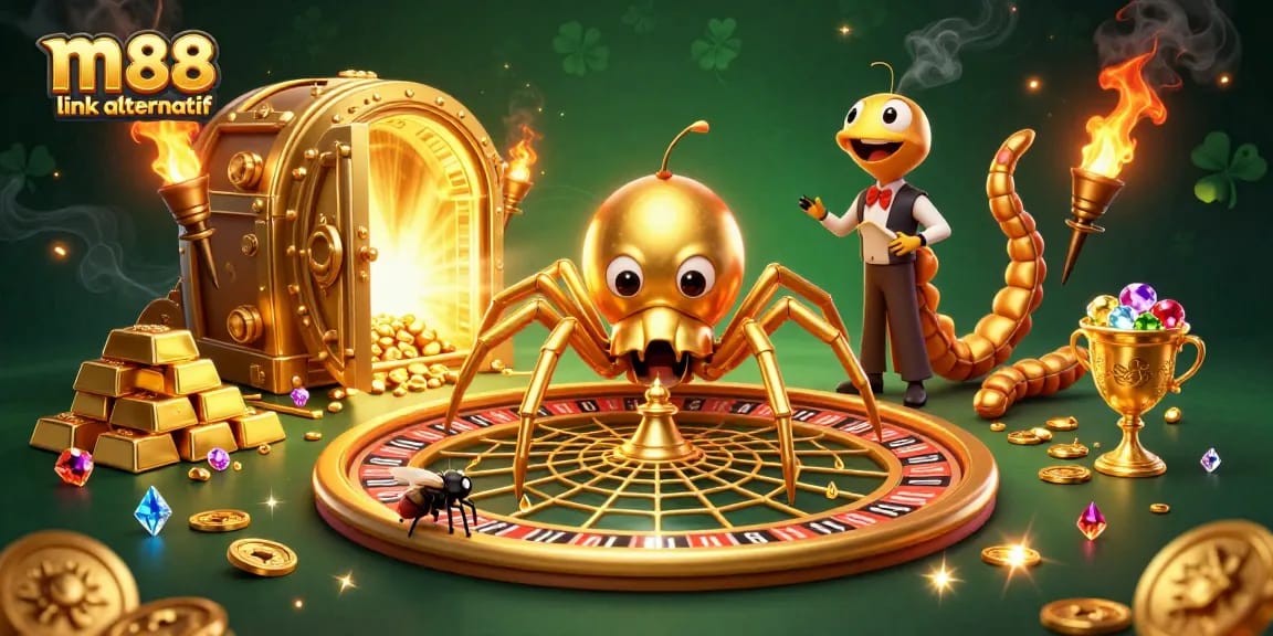 Bet on the exciting m88 link alternatif with 3D illustration of golden spider and roulette web.