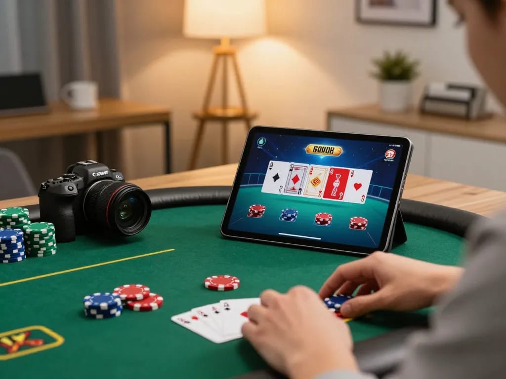 Engaging with online poker strategies on a tablet, showcasing 789 gaming excitement.