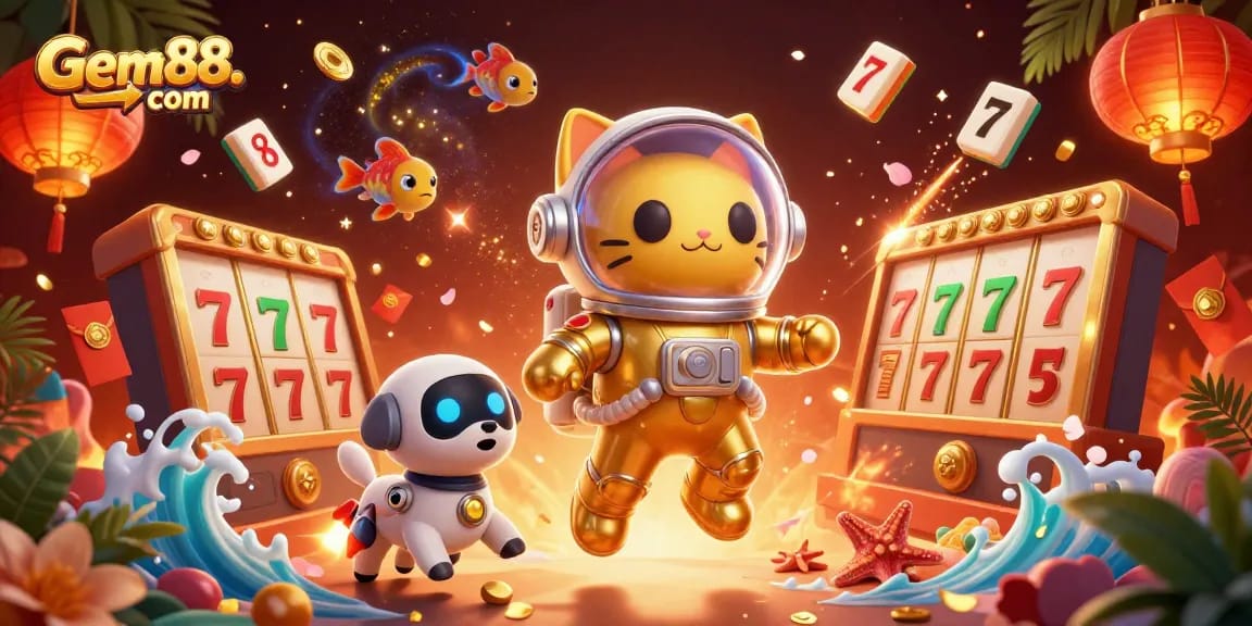 Engage in thrilling gameplay with Gem88. com's vibrant online casino featuring floating slot reels and an astronaut cat.