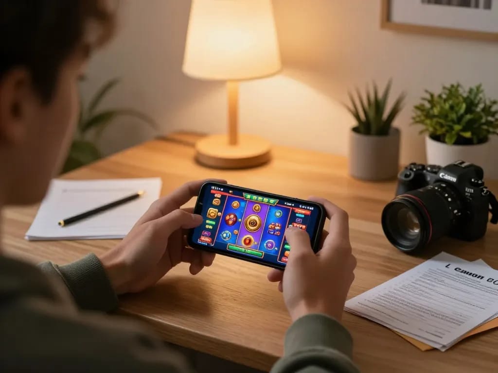 Engaging gameplay on trang chủ lc88 showcased with a person using a smartphone for online slots in a cozy environment.