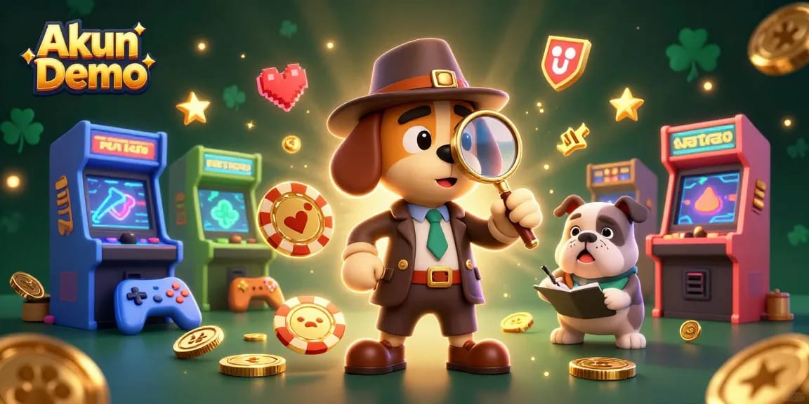 Akun Demo showcases a 3D cartoon detective and bulldog in a vibrant gambling scene with game elements and a golden poker chip.