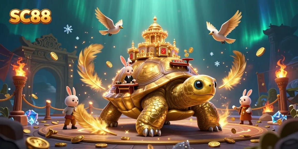 Experience thrilling gameplay at SC88 with a golden tortoise casino, rabbit dealer, and flying coins.