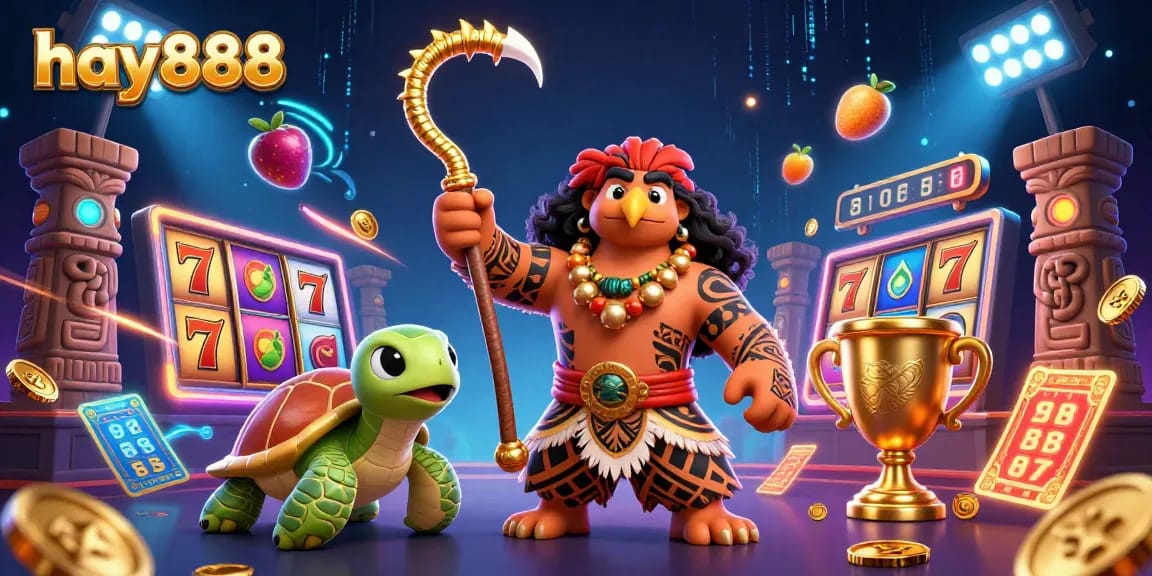Experience thrilling slot jackpots with hay888's vibrant casino-themed illustration featuring dynamic characters and elements.