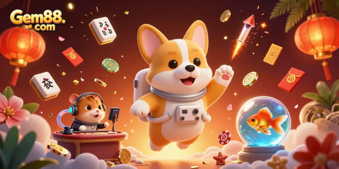 Experience a thrilling adventure on Gem88. com with a dynamic casino scene featuring fun characters and games.