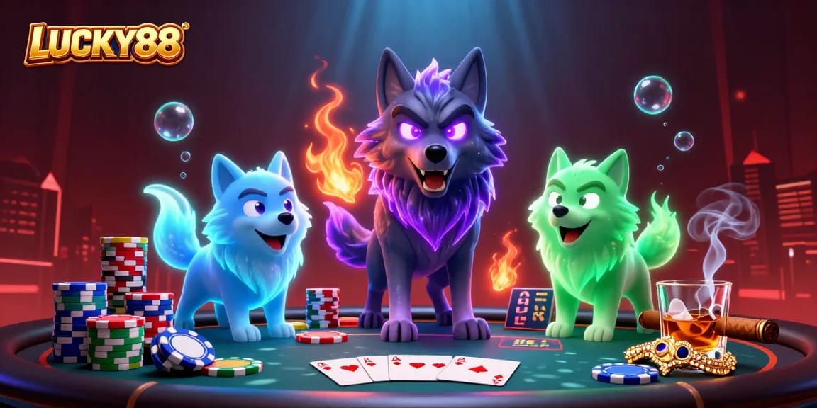 Play poker at LUCKY88 casino with ghostly wolves, vibrant chips, and exciting action.