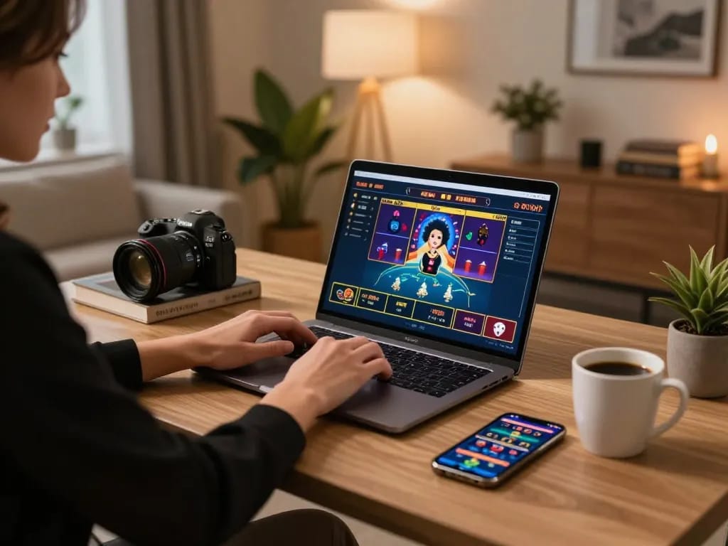 Playing u888 online casino games on a stylish laptop in a cozy home office.