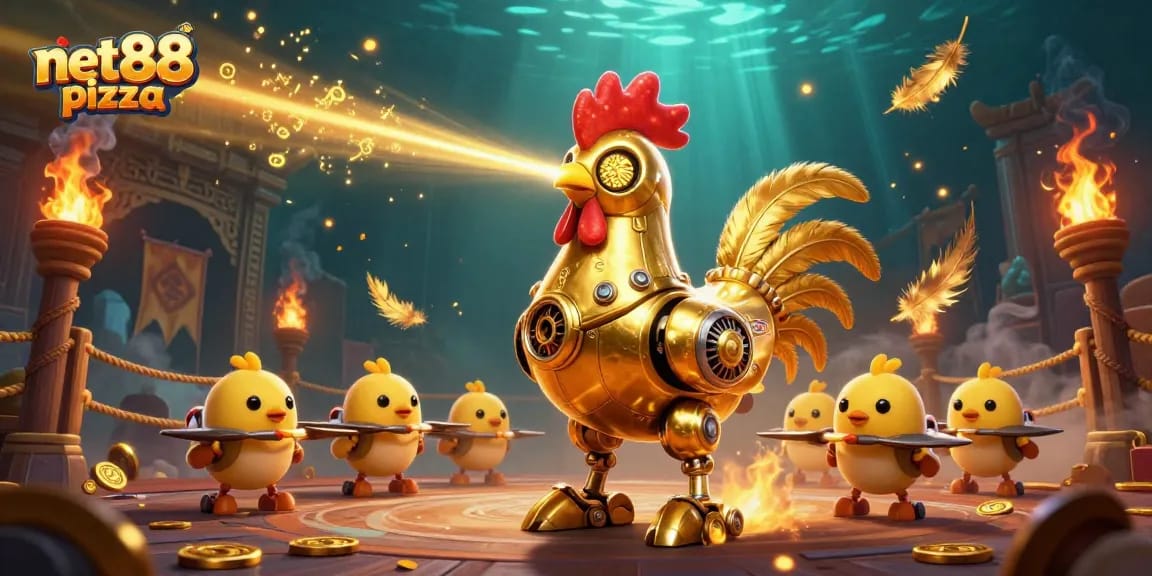 Engage with net88 pizza's thrilling action featuring a cartoon rooster robot and drones in a vibrant casino scene.