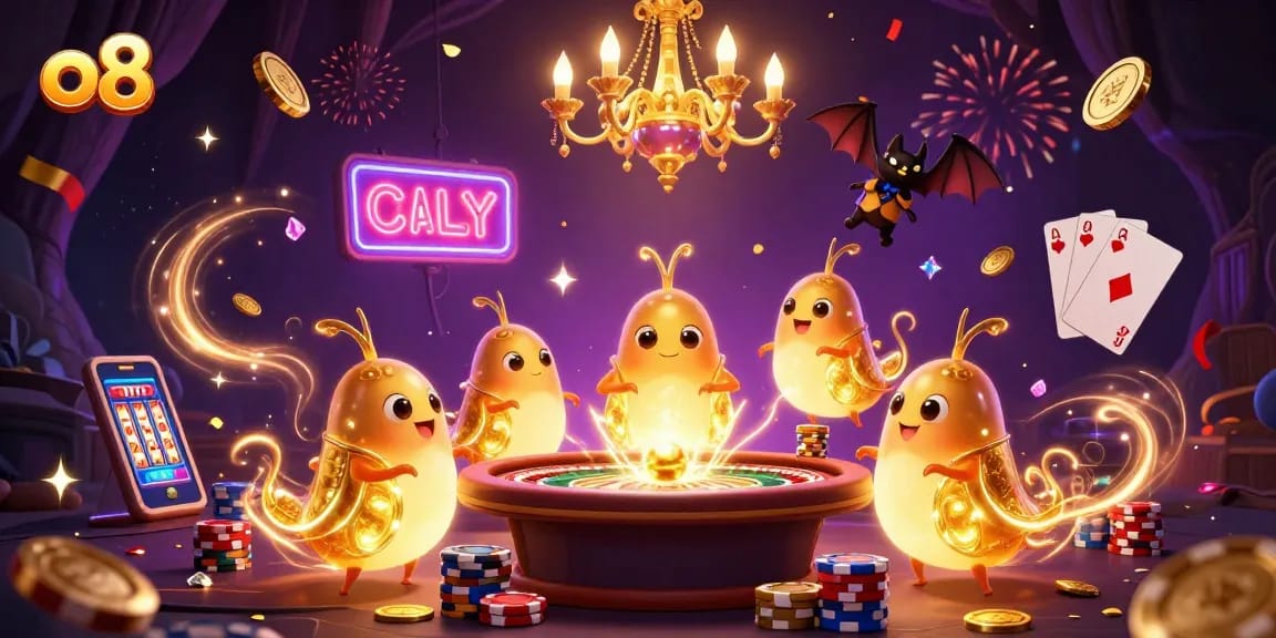 Experience thrilling gaming action at o8 with a vibrant 3D illustration showcasing a unique cave casino atmosphere.