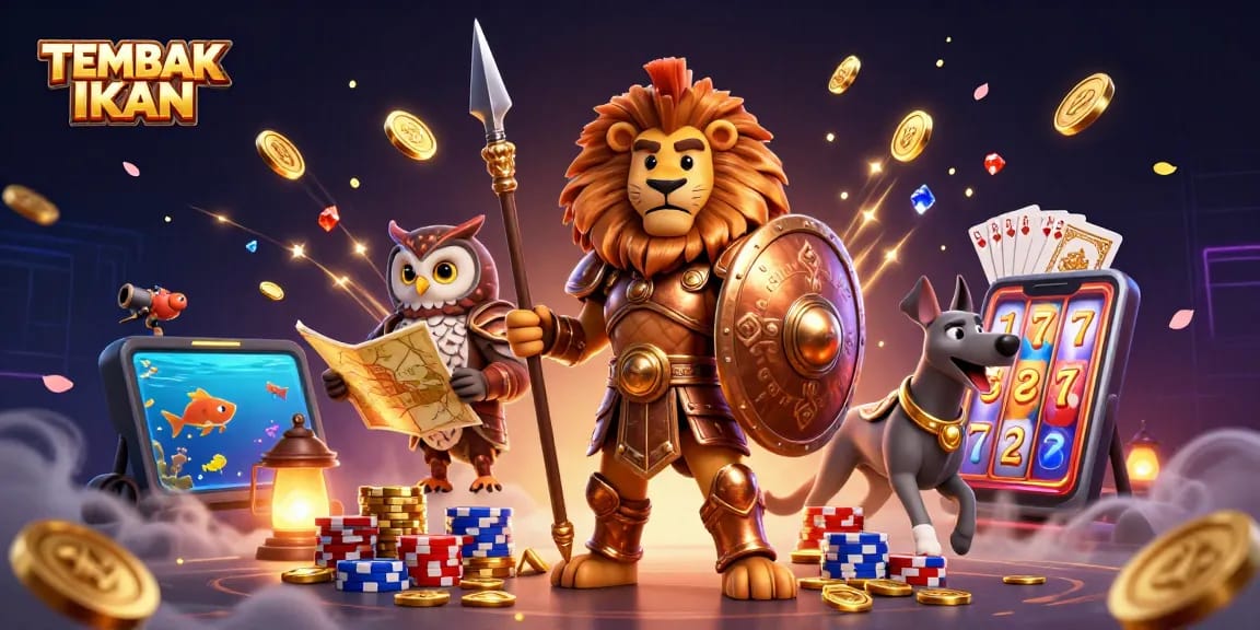 TEMBAK IKAN game scene with a Spartan lion, owl, and greyhound amidst dazzling coins, cards, and rich casino elements.
