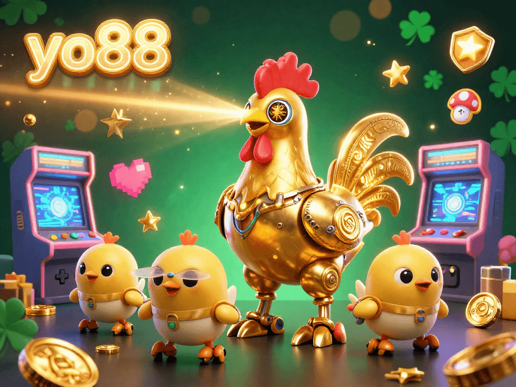 Venture into the world of yo88 as a 3D golden rooster robot unleashes its gaming magic amidst vibrant arcade machines and golden coins.