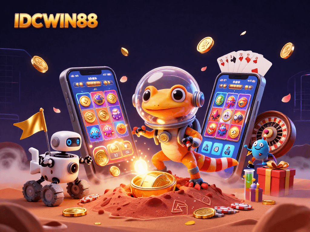 Experience the thrilling casino adventure of IDCWIN88 with a Martian gecko, golden coins, and vibrant gaming elements.