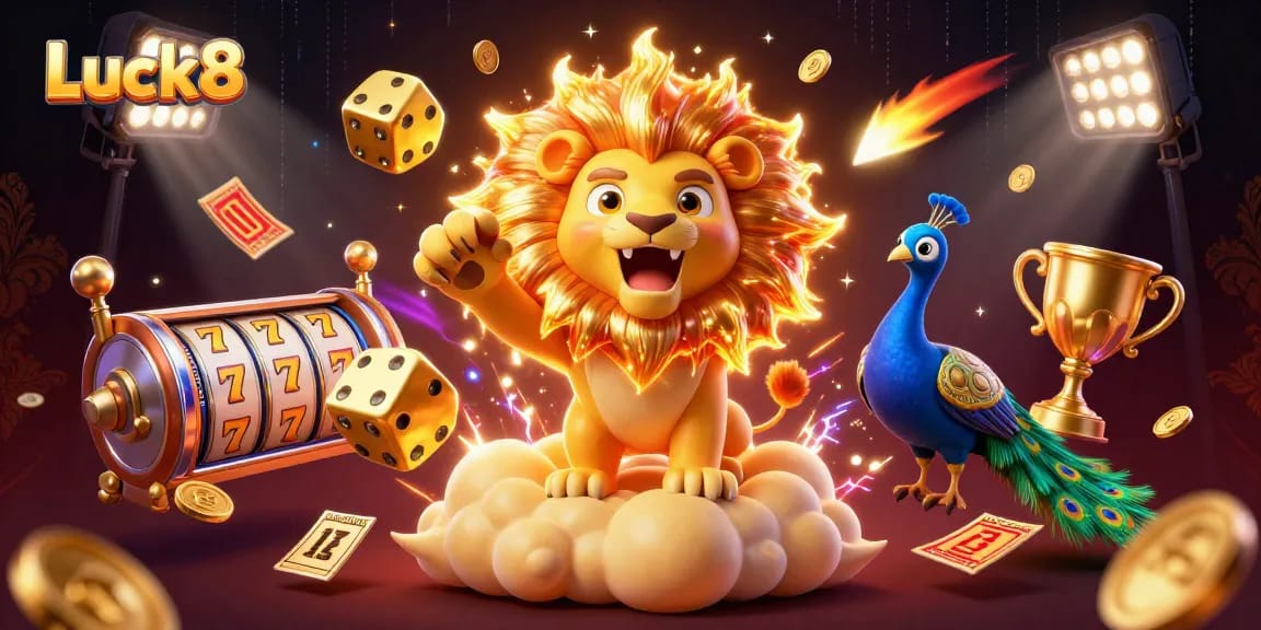 Experience exciting wins at Luck8 with dynamic slot reels, golden dice, and animated casino elements.