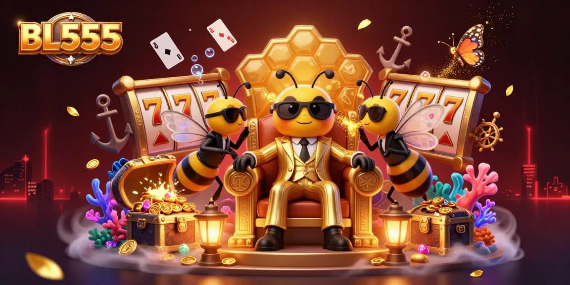 Experience the thrilling action of BL555 as you engage with vibrant casino elements and dynamic characters in this 3D illustration.