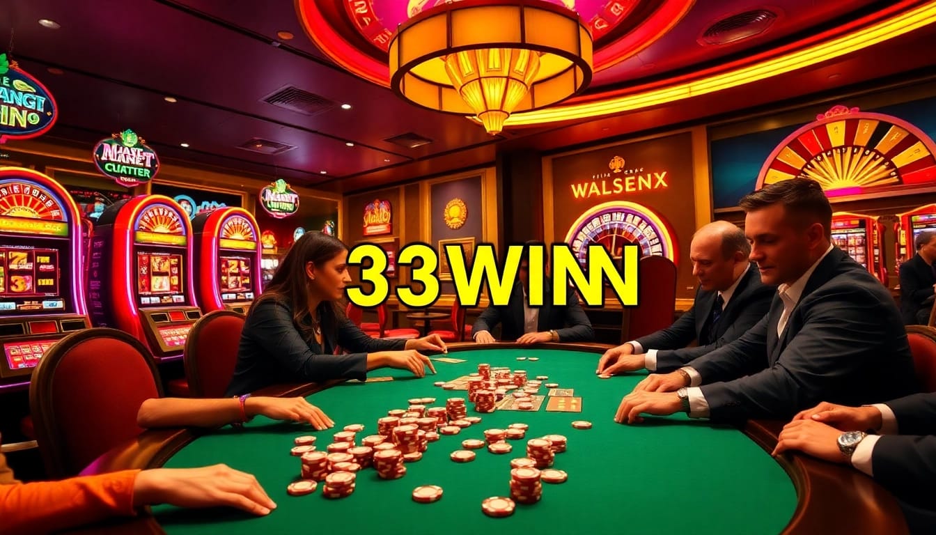 Players engaging at a 33WIN poker table surrounded by vibrant slot machines.