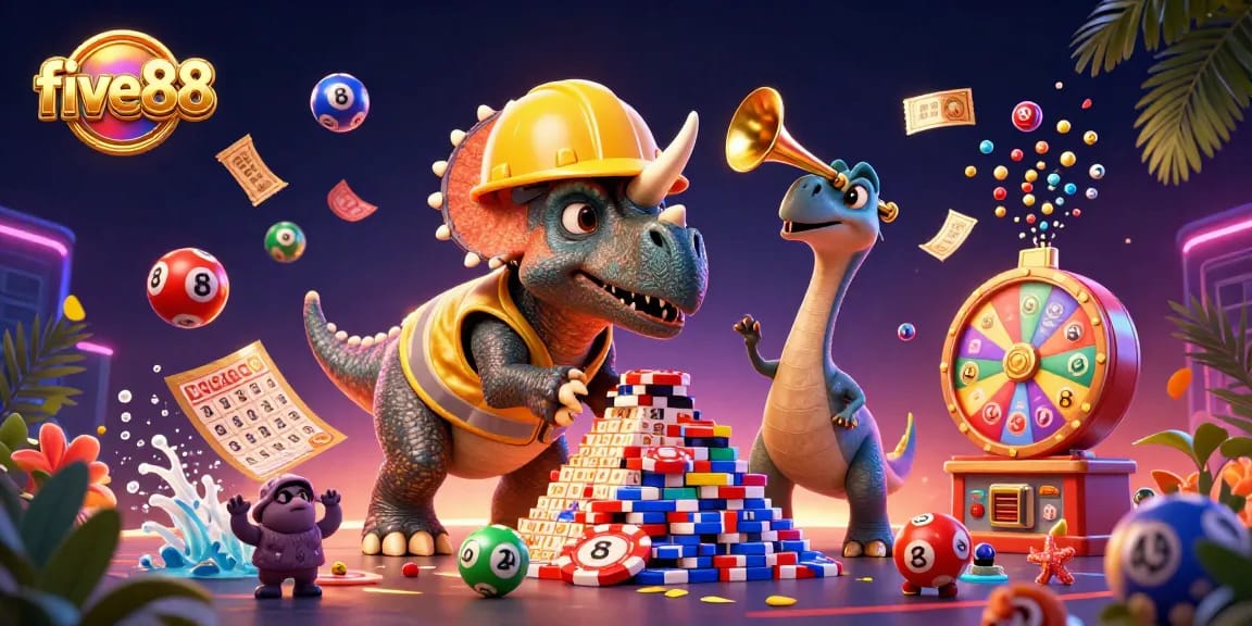 Experience the excitement of five88 with a lively scene of cartoon dinosaurs celebrating while building a poker chip pyramid.