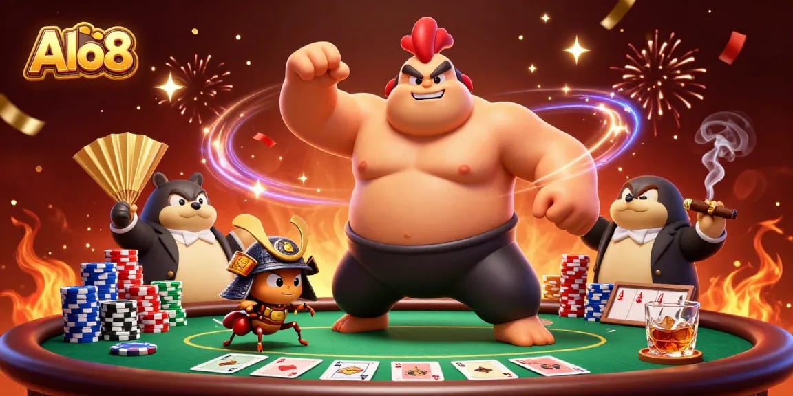 Alo8 showcases a thrilling poker scene with a sumo rooster and samurai cricket in a dynamic casino atmosphere.