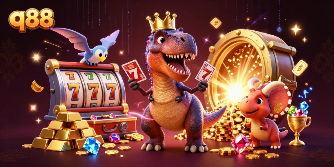 Experience thrilling slots at q88 with vibrant T-Rex, pterodactyl, and triceratops characters celebrating wins.