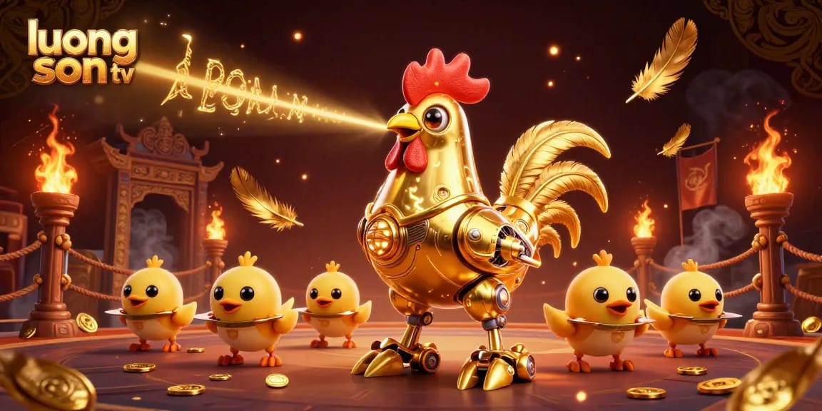 Engage with luong son tv, showcasing a golden rooster robot and baby chick drones in a dynamic casino scene.