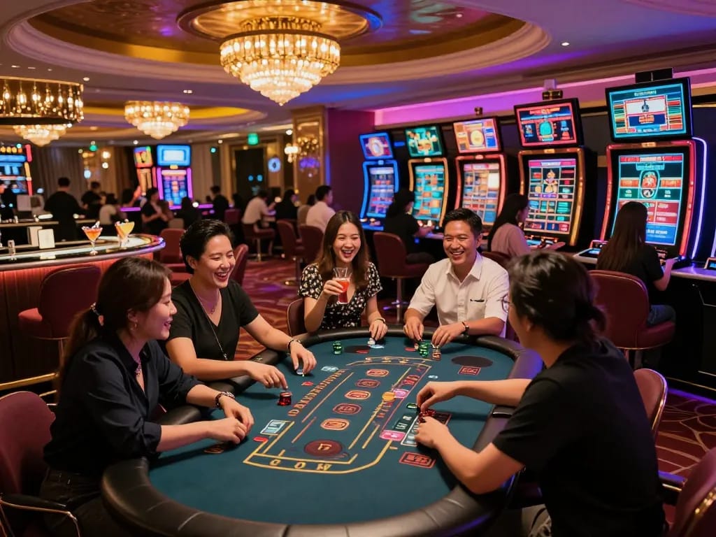 Casino Hong Kong experience with vibrant games, neon lights, and friends having fun.