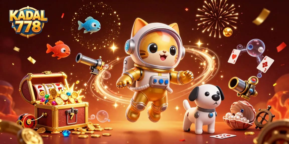 Engage with KADAL 778 as a playful cat astronaut and robot dog discover treasures in a vibrant casino scene.