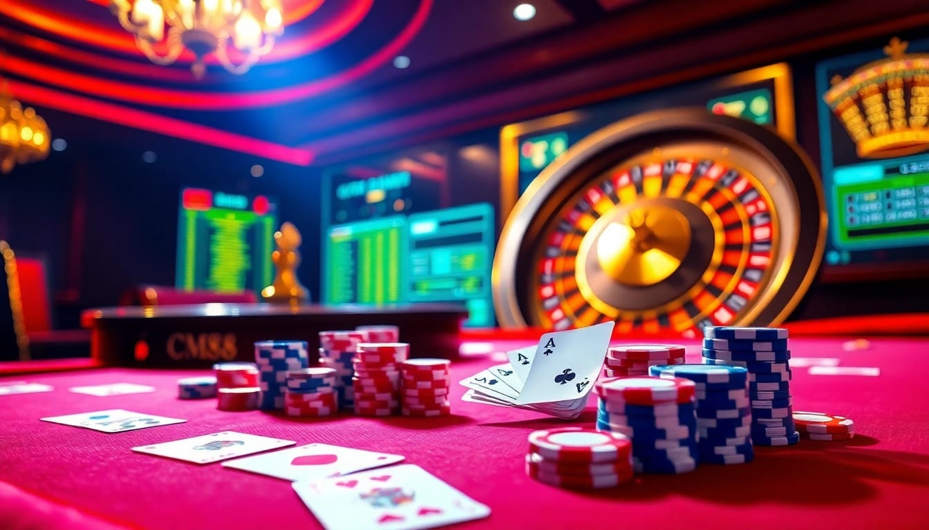 Experience the thrill of CM88 gaming with vibrant tables and spinning roulette wheels in a luxurious casino atmosphere.